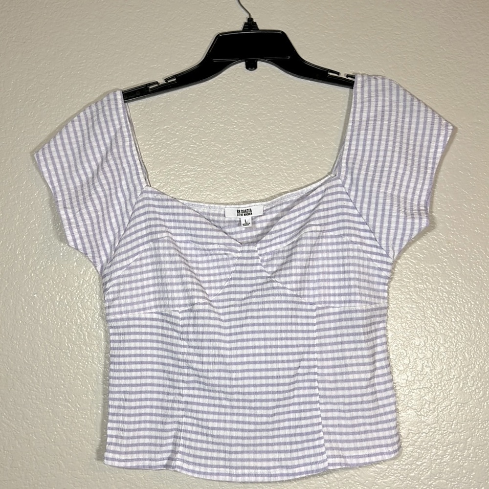 BB Dakota Purple Gingham Plaid Off Shoulder Crop sz L